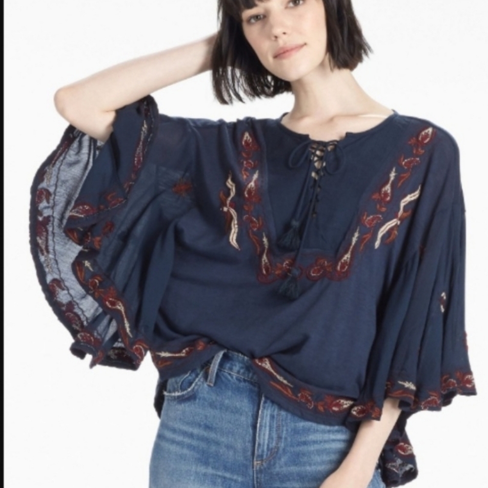 Lucky Brand Lace-Up Embroidered Navy Peasant Top
